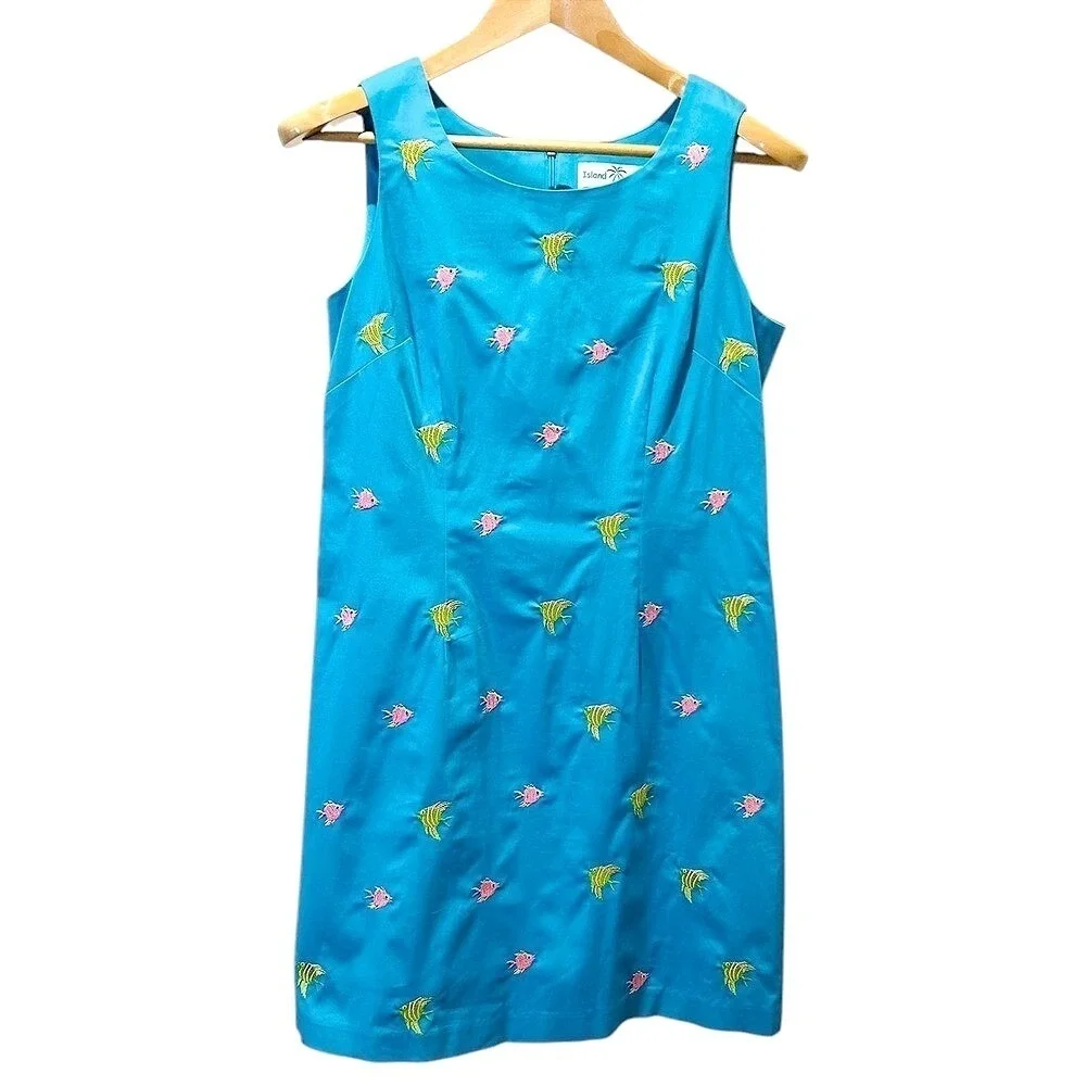 Vintage Tropical Dress Cardigan‎ Set Women 8 Embroidered Fish Cruise Resort Wear